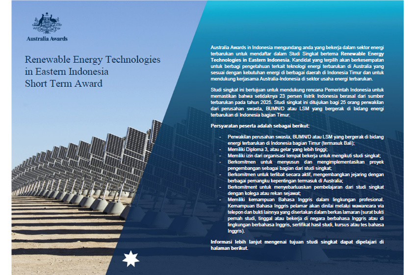 Applications Open for the 2019 Renewable Energy Technologies in Eastern Indonesia  Short Term Award
